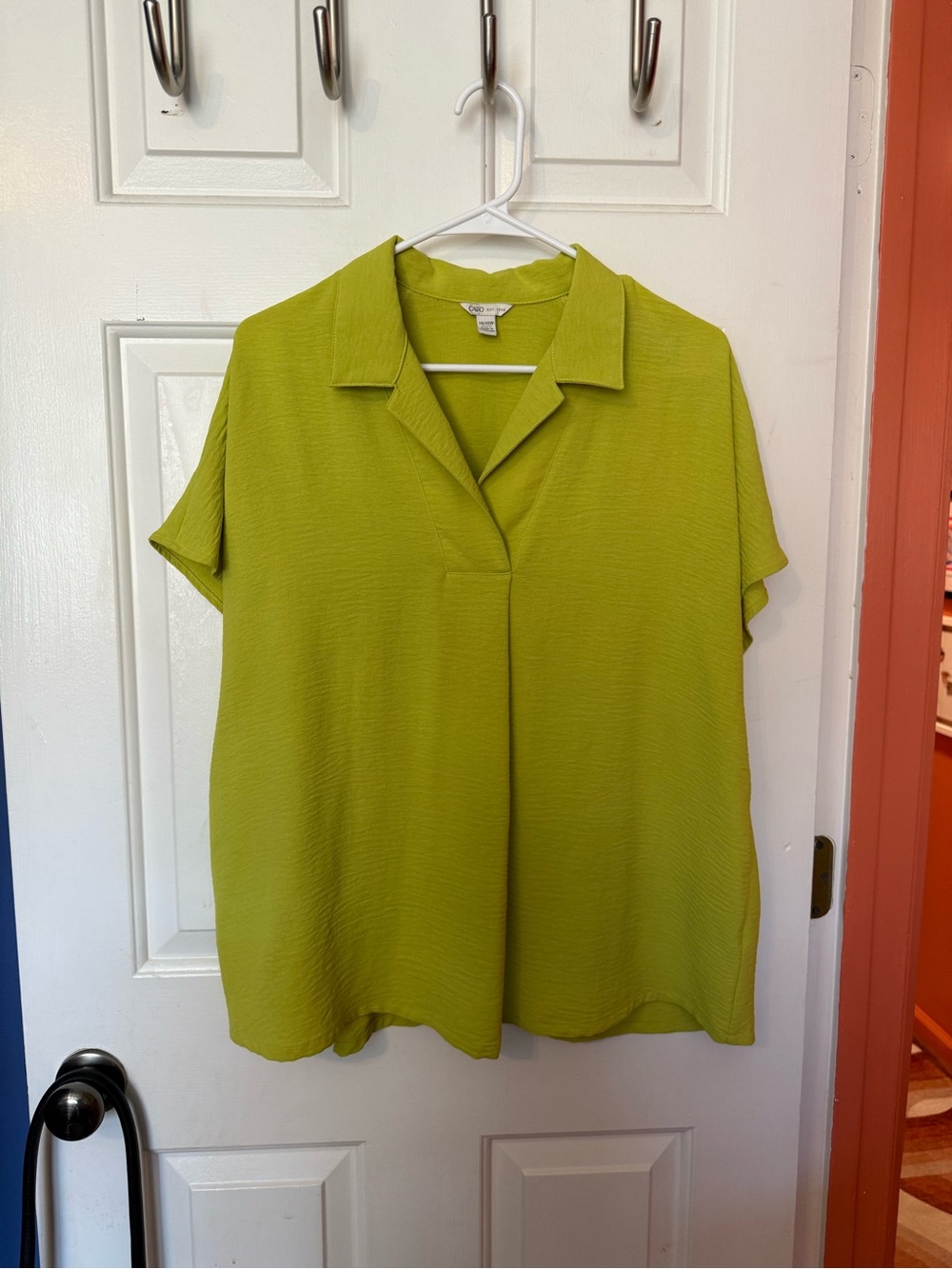 Cato Chartreuse Short Sleeve V-Neck Collared Blouse